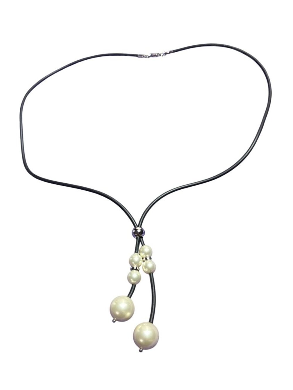 Glass Faux Pearl Beaded Black Cord Lariat Necklace Silvertone Slider Bead 22 in.